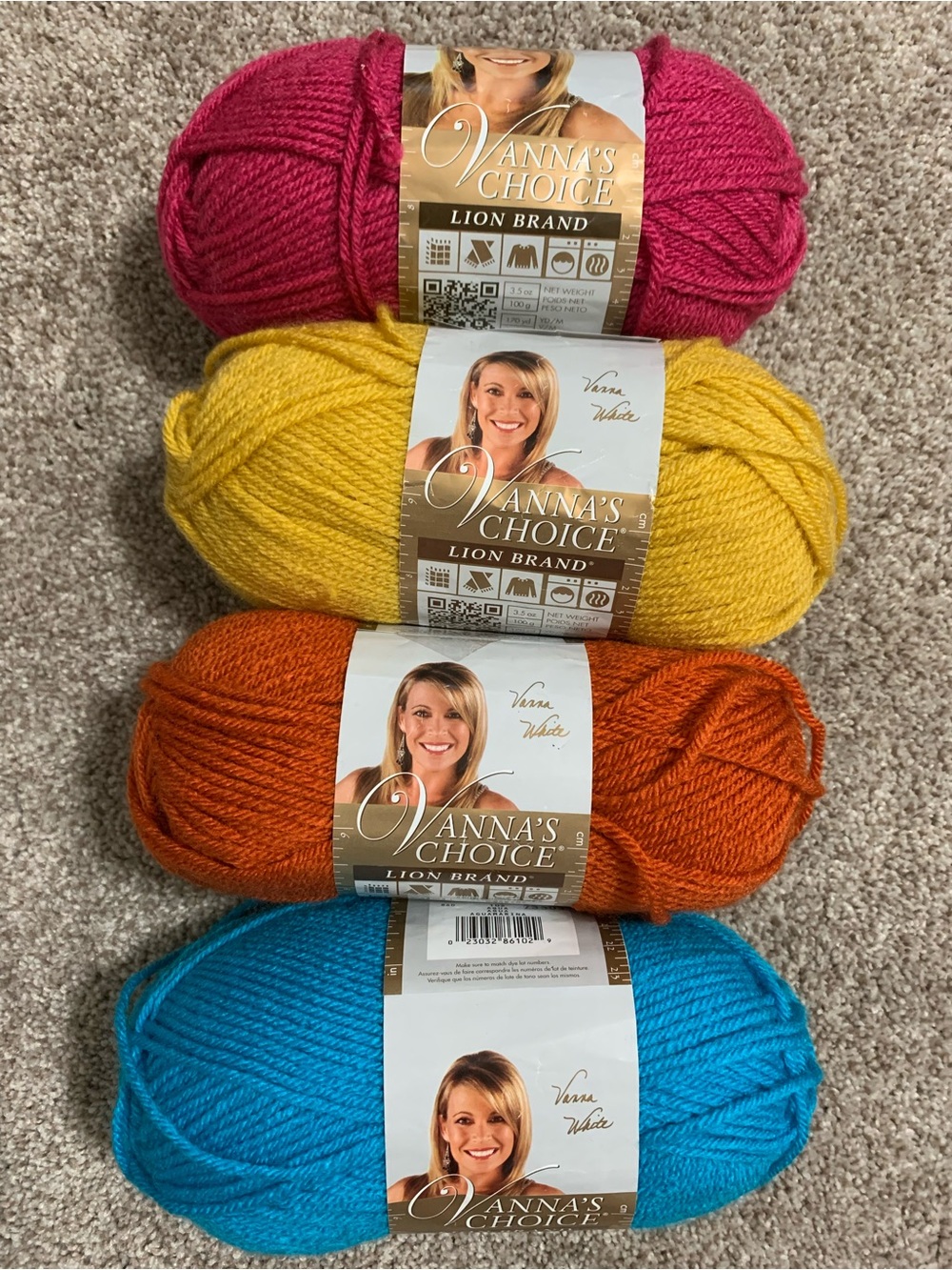 4 Pack 100g Lion Brand Yarn 860 Vannas Choice Mustard Aqua Raspberry Terracotta